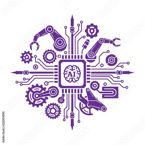 Purple artificial intelligence concept with a central brain chip, robotic arms, gears, and circuit lines on a white background, for technology
