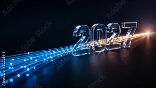 Glowing fiber optic light flowing through transparent 2027 numbers symbolizing artificial intelligence digital transformation innovation and the future in a seamless looping animation
