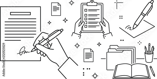 Business contract signing and office paperwork outline set with clipboard checklist hand pen folders vector illustration