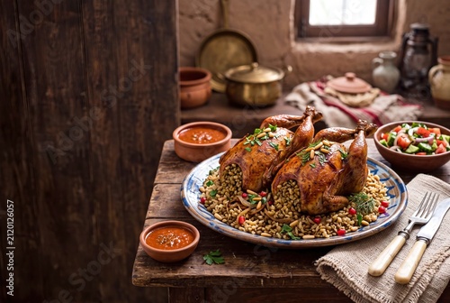 Traditional Egyptian Hamam Mahshi stuffed pigeons with wheat served on a rustic wooden table.