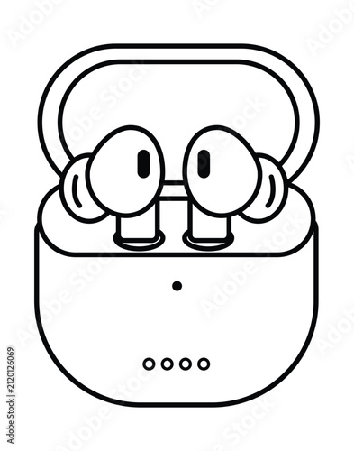 Minimalist black and white line art illustration of wireless earbuds in a charging case.