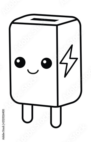 Cute cartoon wall charger character with a happy face and lightning bolt icon.