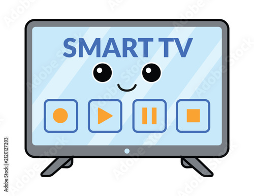 Cute cartoon smart television character with a happy face and media control buttons.