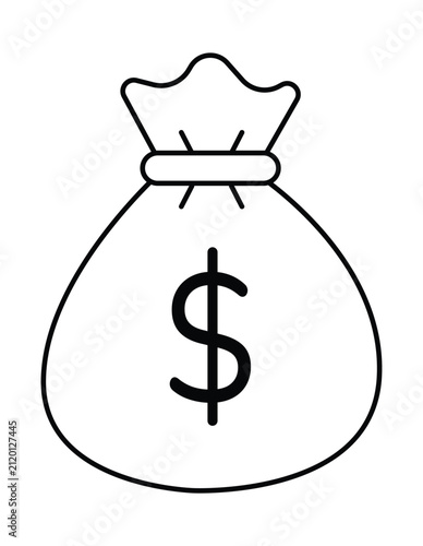 Simple black and white line art icon of a money bag with a dollar sign.