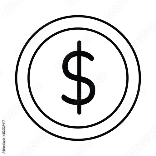 Minimalist black and white outline icon representing a dollar coin for financial business concepts.