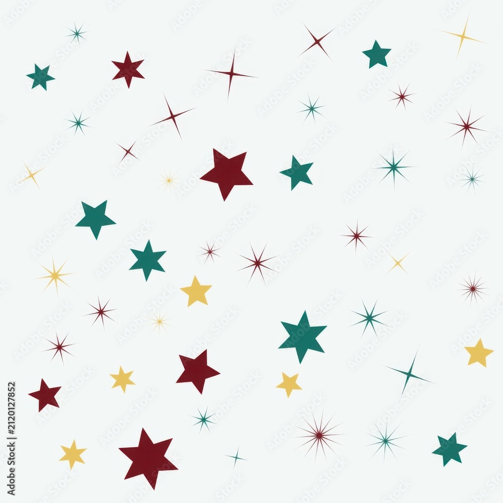 Fototapeta premium Festive pattern of red, teal, and yellow stars and sparkles on a light gray background