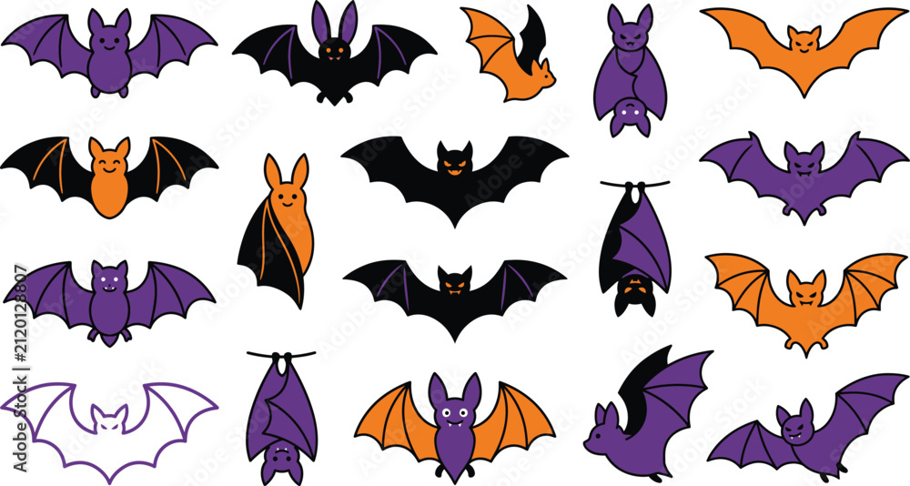 Fototapeta premium Colorful cartoon bats flying in Halloween-themed vector illustration bundle
