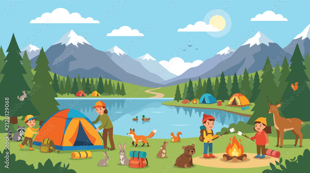 Naklejka premium Happy family kids camping by lake roasting marshmallows on campfire, beautiful mountain nature cartoon illustration