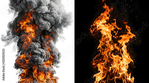 Explosion and Fire Collage: A striking visual juxtaposition of a powerful explosion with dense smoke on a white background and fierce flames against a dark backdrop.