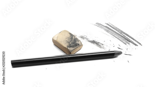 Graphite pencil and eraser with shavings isolated on white background, side view, design element