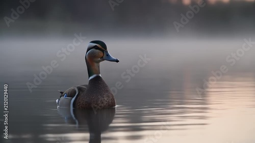 Wild Duck Swimming on Misty Lake at Dawn