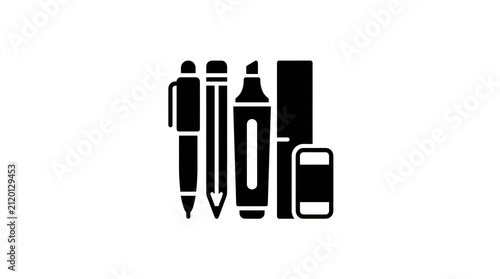 Black Silhouette of Writing and Drawing Tools on White Background.