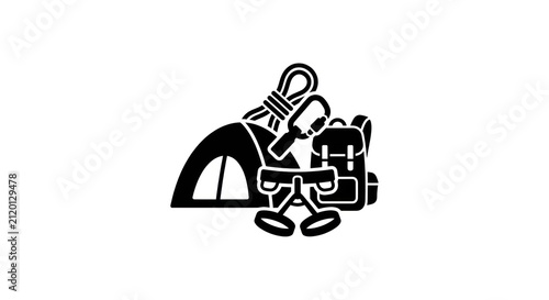 Camping and hiking gear illustration with tent backpack and climbing harness.