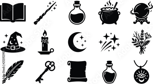 Foto Intricate halloween magic icons with cauldron, wand, and mystical symbols