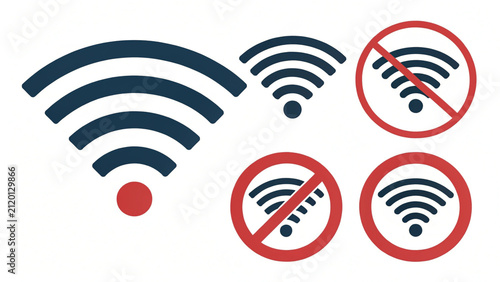WiFi signal icon set with forbidden symbol, no internet access warning vector illustration
