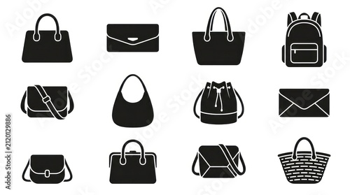 Collection of Black Handbag Icons and Silhouettes on White Background.
