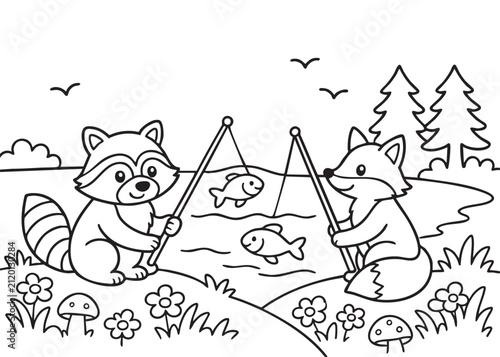 Woodland Friends Fishing Coloring Page Black and White Vector Illustration