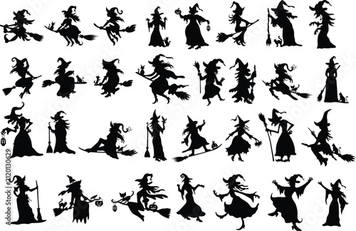 Obraz na płótnie Collection of witch silhouettes on broomsticks for halloween celebration and spo