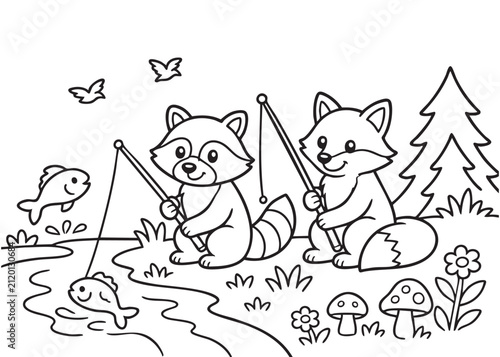 Woodland Friends Fishing Coloring Page Black and White Vector Illustration