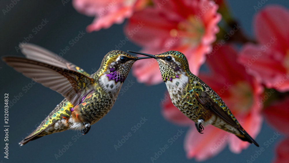 Naklejka premium Two vibrant hummingbirds hover near red flowers.