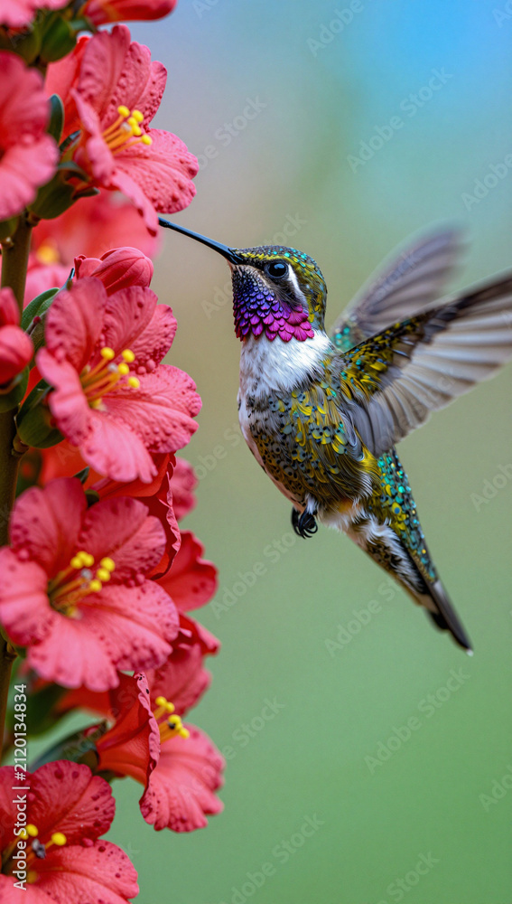 Fototapeta premium A hummingbird feeds on bright pink flowers, with its wings blurred in motion.