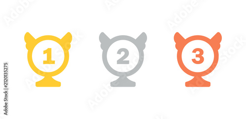 Set of trophy icons with numbers 1, 2, and 3 representing ranking, award, achievement, and competition in a clean minimal style.