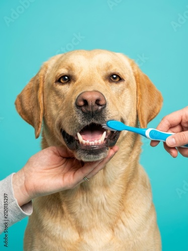 A dedicated pet owner gently brushing their dog's teeth to ensure a bright and healthy smile for their furry friend