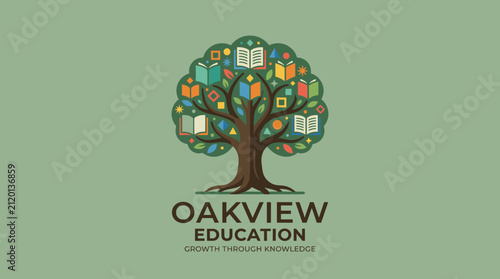 Tree logo with colorful book leaves for Oakview Education.