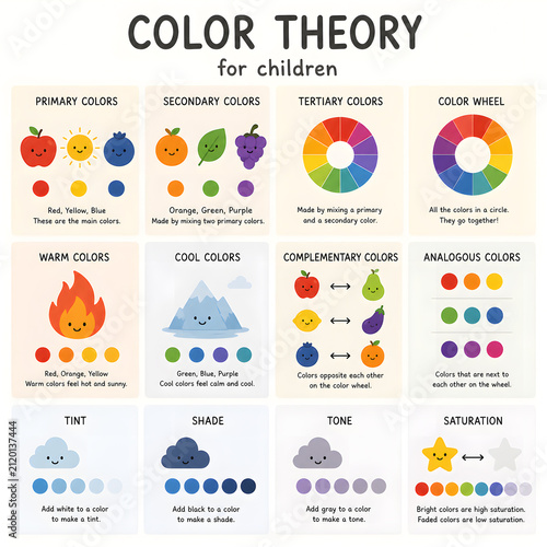 Color Theory for Children Educational Infographic Poster with Color Wheel and Color Harmony