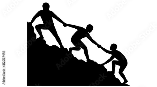 Team helping each other climb mountain silhouette