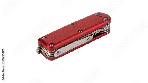 Foto Vintage metallic red pocket folding knife multitool isolated on transparent back