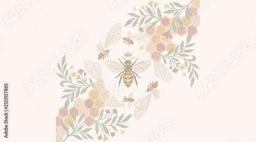 Bee Queen Care, Artistic Illustration of Bees and Honeycomb Design