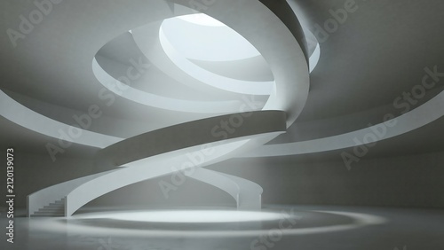 Futuristic White Helical Architectural Interior with Sculptural Spiral Forms and Dramatic Light