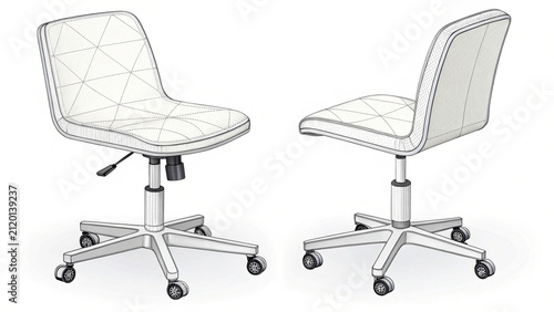 Office chair front and back. Vector minimal office chairs angle view isolated on white background, empty work stool with wheels vector illustration
