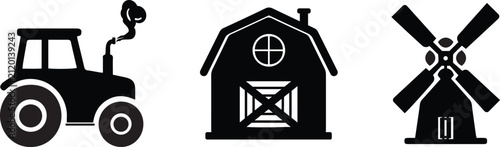 Foto Farm silhouette vector set including tractor barn and windmill isolated on transparent background for agriculture landscape design rural industry harvesting equipment and farming country life icons