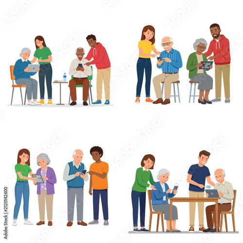 Flat vector illustration set of young people teaching senior citizens digital literacy using smartphones and tablets.