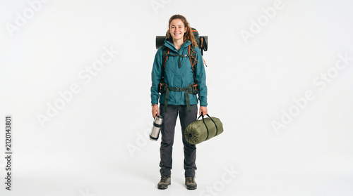 Happy young woman hiker ready for camping trip holding thermos and camping gear, isolated on white background, clean minimalist studio shot with copy space
