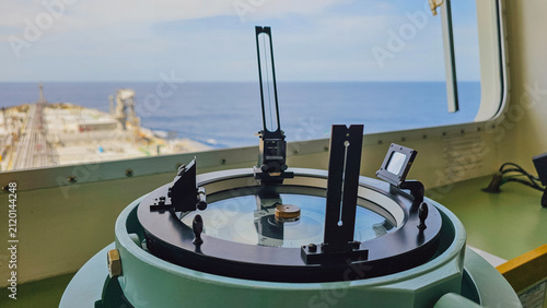 Cuadro en lienzo Close up view of marine azimuth circle compass repeater on ship navigation bridg