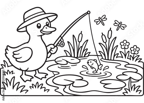 Cute Duck Fishing Coloring Page Black and White Vector Illustration