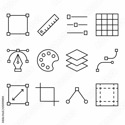 Set of minimalist vector design icons for graphic software interface including pen tool ruler and grid lines.