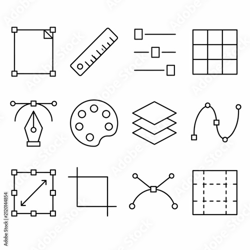 Professional graphic design tool icons set for vector illustration software including path editing and grids.