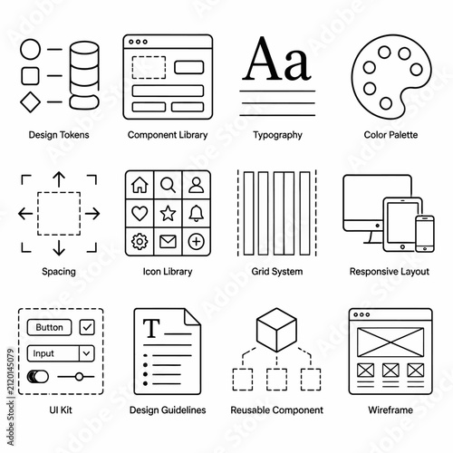 Design system and component library icons for digital product branding typography color and UI elements.