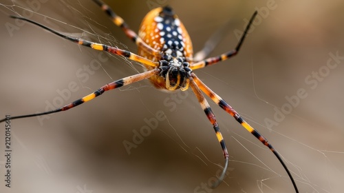 Spider spinning delicate web in a green South African bush, close view of wild arachnid creating silk structure, showcasing nature, wildlife behavior, ecosystem and survival