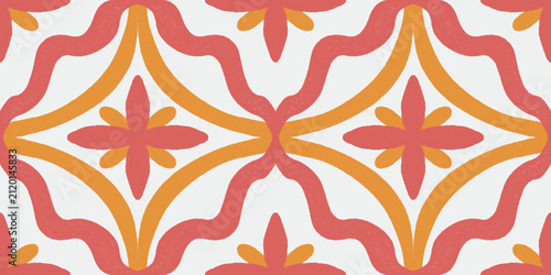 Modern Coral And Mustard Geometric Floral Seamless Pattern With Retro Scandinavian Decorative Tile Design