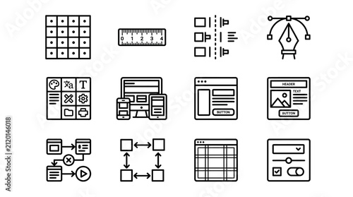Set of ui and ux design icons featuring wireframe tools website navigation layouts and interface elements.