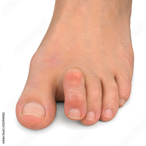 Hammer toe with shoe irritation in isolated photorealistic 3D foot anatomy render, showing bent toe, redness and pressure corn for podiatry, medical education and patient care design use
