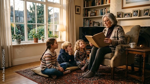 Senior Woman Reading a Heartwarming Storybook to Her Grandchildren in a Cozy Living Room Setting