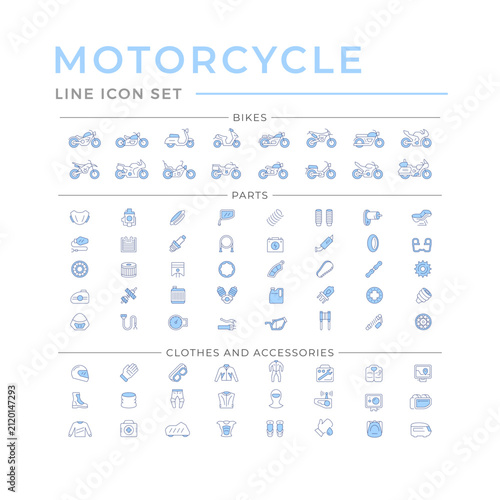 Set line icons of motorcycle parts, accessories