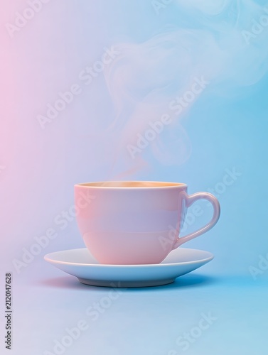 White coffee cup with steam on pastel pink and blue gradient background with copy space, minimal aesthetic composition
