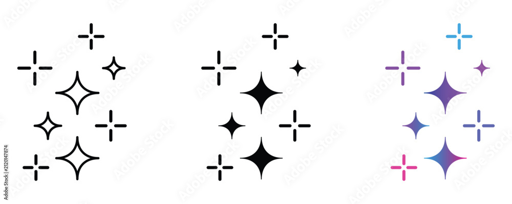 Fototapeta premium Magic sparkle stars icon set. Shining twinkle, glitter, glow, shine, fantasy, cleaning and decorative symbol. Vector illustration isolated on transparent background